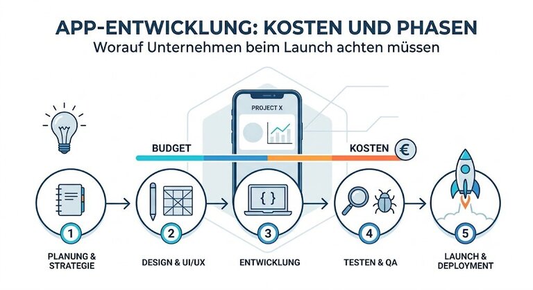 Infografik App-Entwicklung: Kosten und Phasen – Worauf Unternehmen beim Launch achten müssen